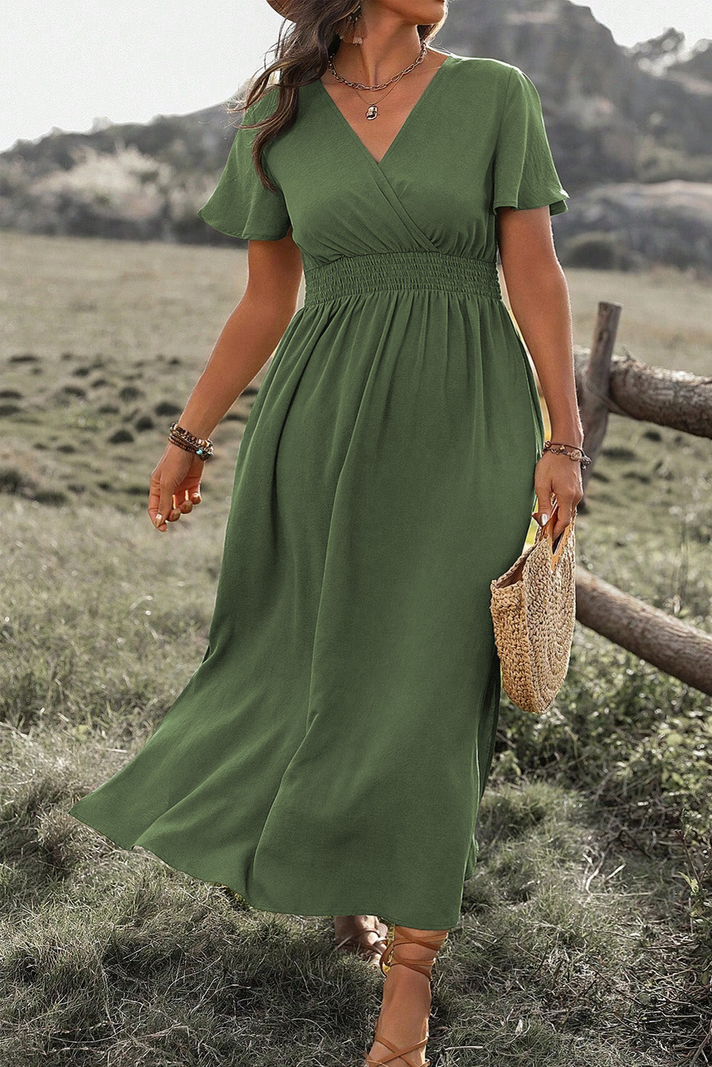 Four Leaf Clover Surplice Neckline Shirred High Waist Maxi Dress