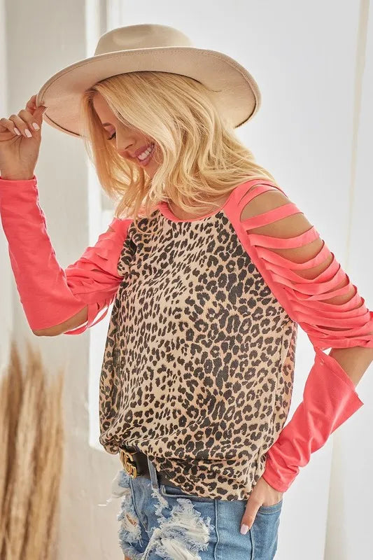 Leopard Thermal Top with Tie Dye Laser Cut Sleeves