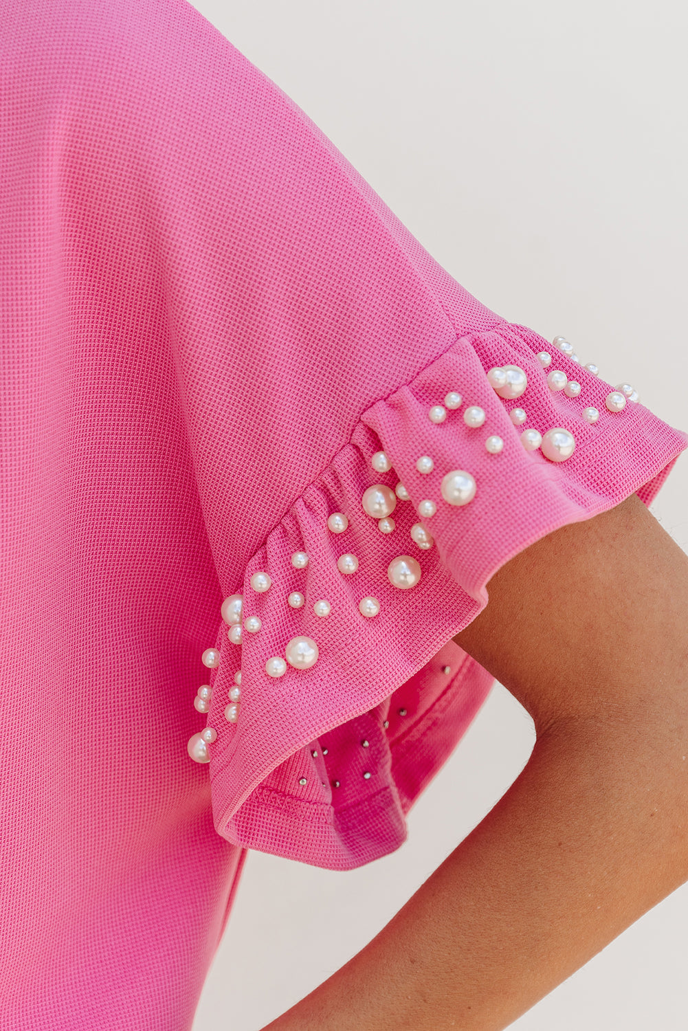 Bright Pink Textured Pearled Ruffle Sleeve Top 2 Piece Shorts Set