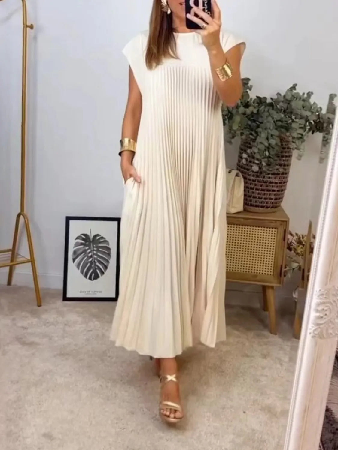 Full Size Pleated Round Neck Maxi Dress Plus Size