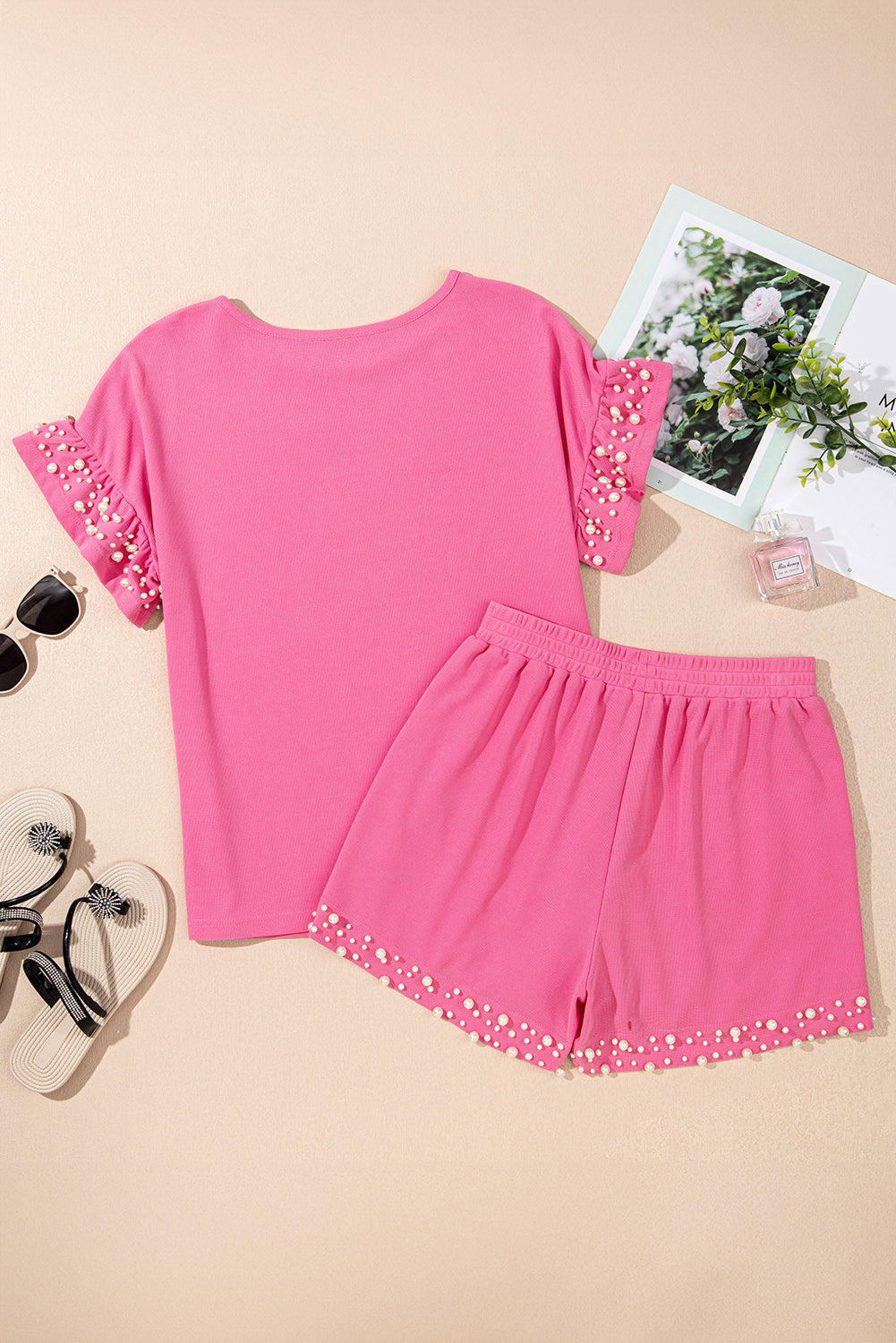 Bright Pink Textured Pearled Ruffle Sleeve Top 2 Piece Shorts Set