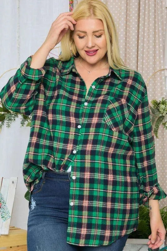 Button Down Classic Plaid Shirt W Roll Up Sleeve Plus Size