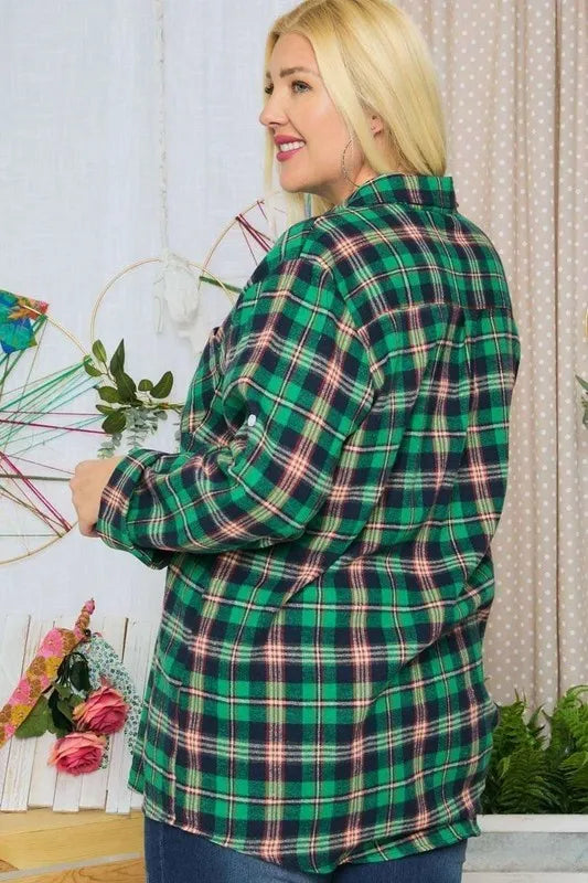 Button Down Classic Plaid Shirt W Roll Up Sleeve Plus Size