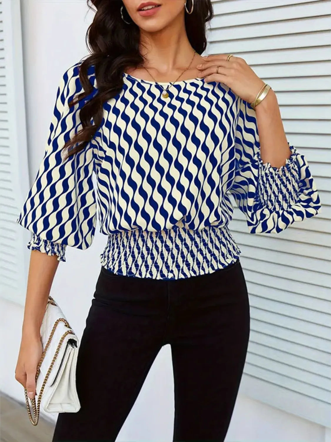 Geometric Print Lantern Sleeve Smocked Waist Blouse