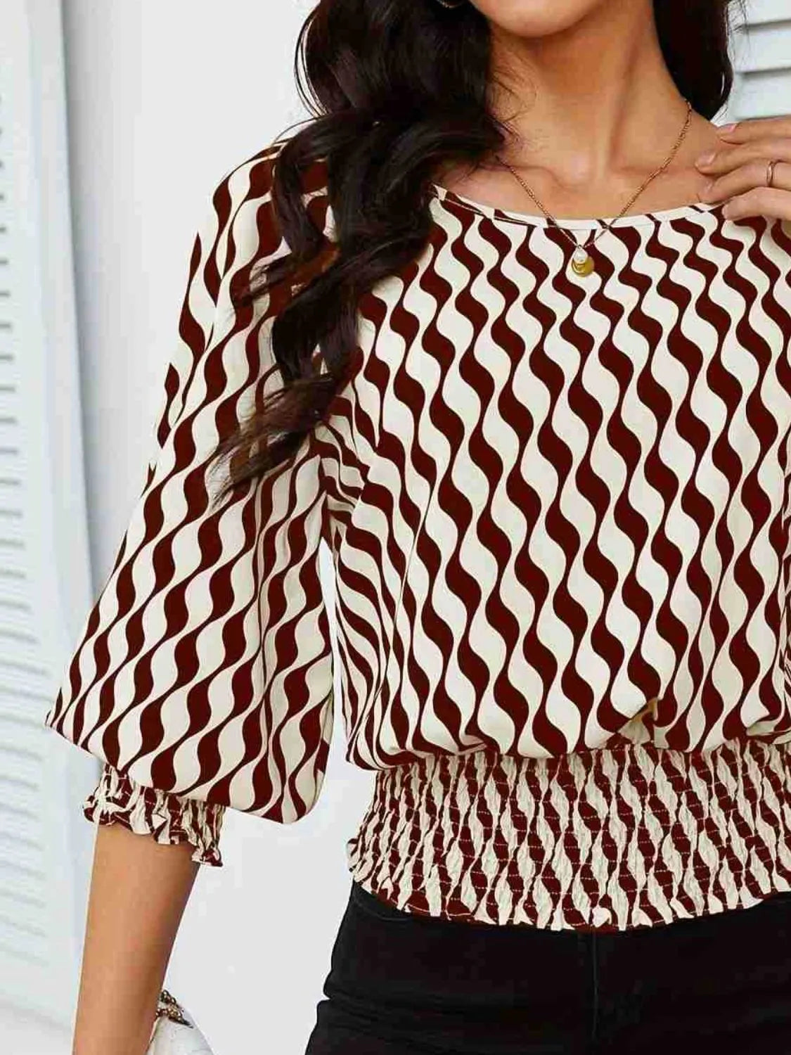 Geometric Print Lantern Sleeve Smocked Waist Blouse