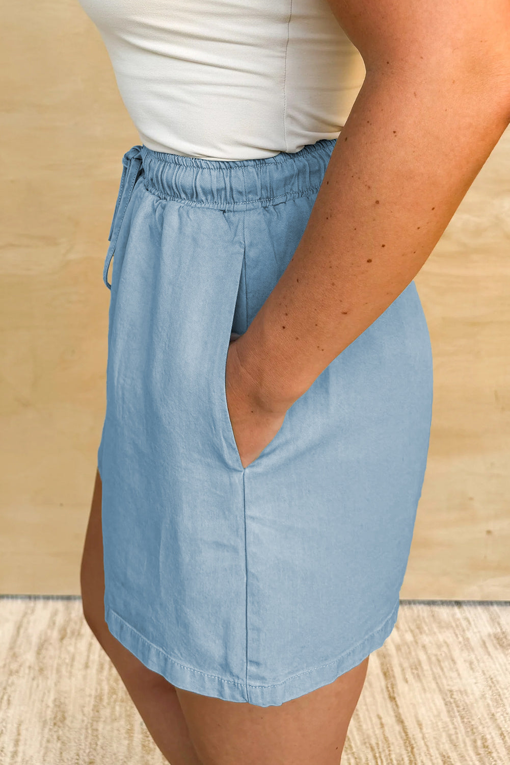 Beau Blue Washed Chambray Drawstring Elastic Waist Shorts