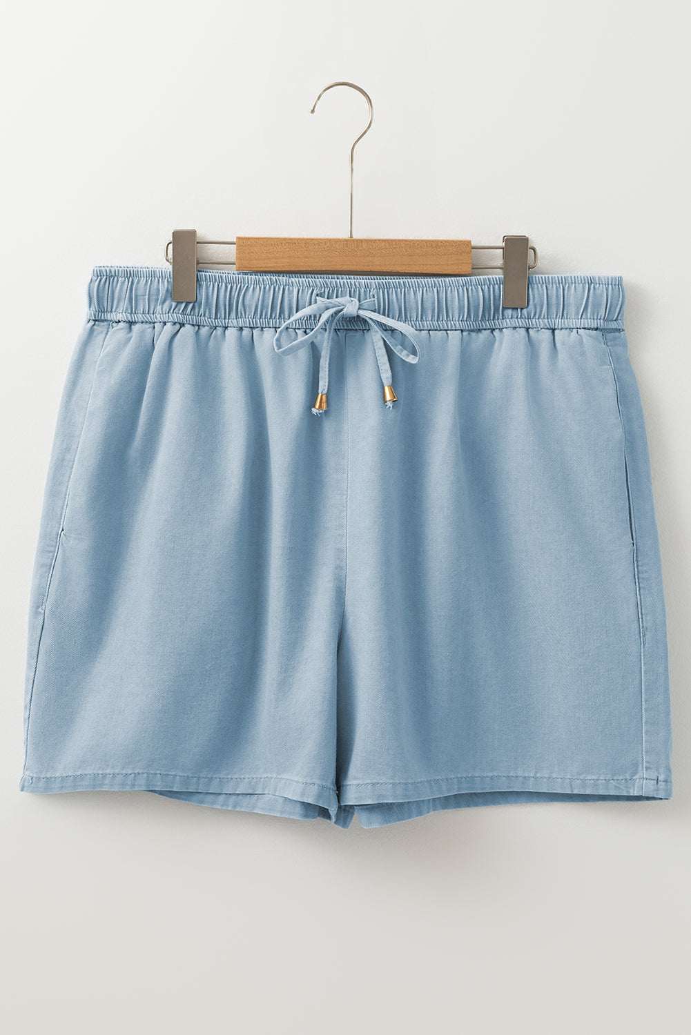 Beau Blue Washed Chambray Drawstring Elastic Waist Shorts