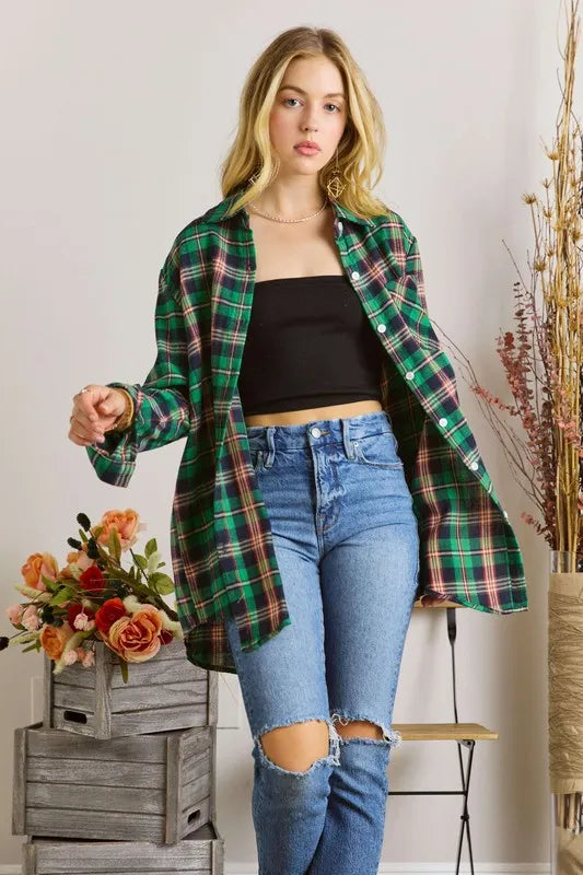 Button Down Classic Plaid Shirt W Roll Up Sleeve Plus Size
