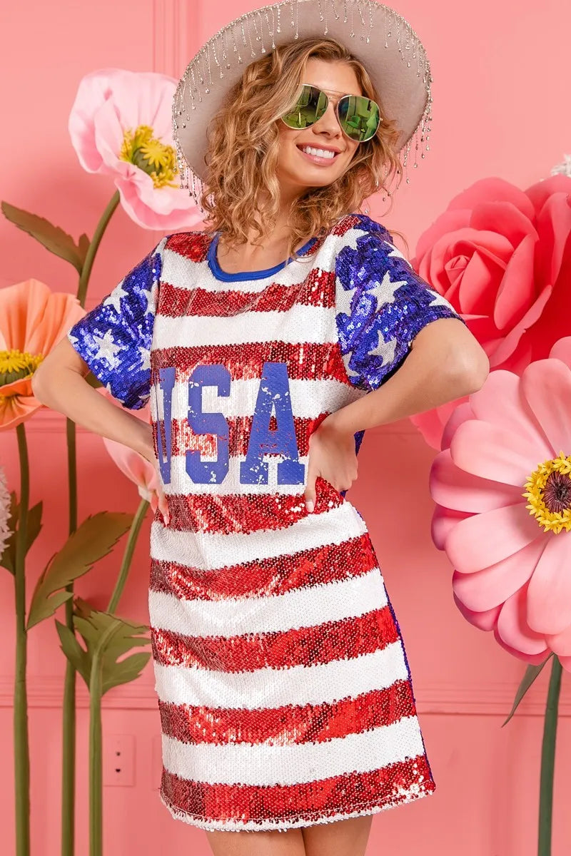 American Flag Theme Usa Print Sequin Dress