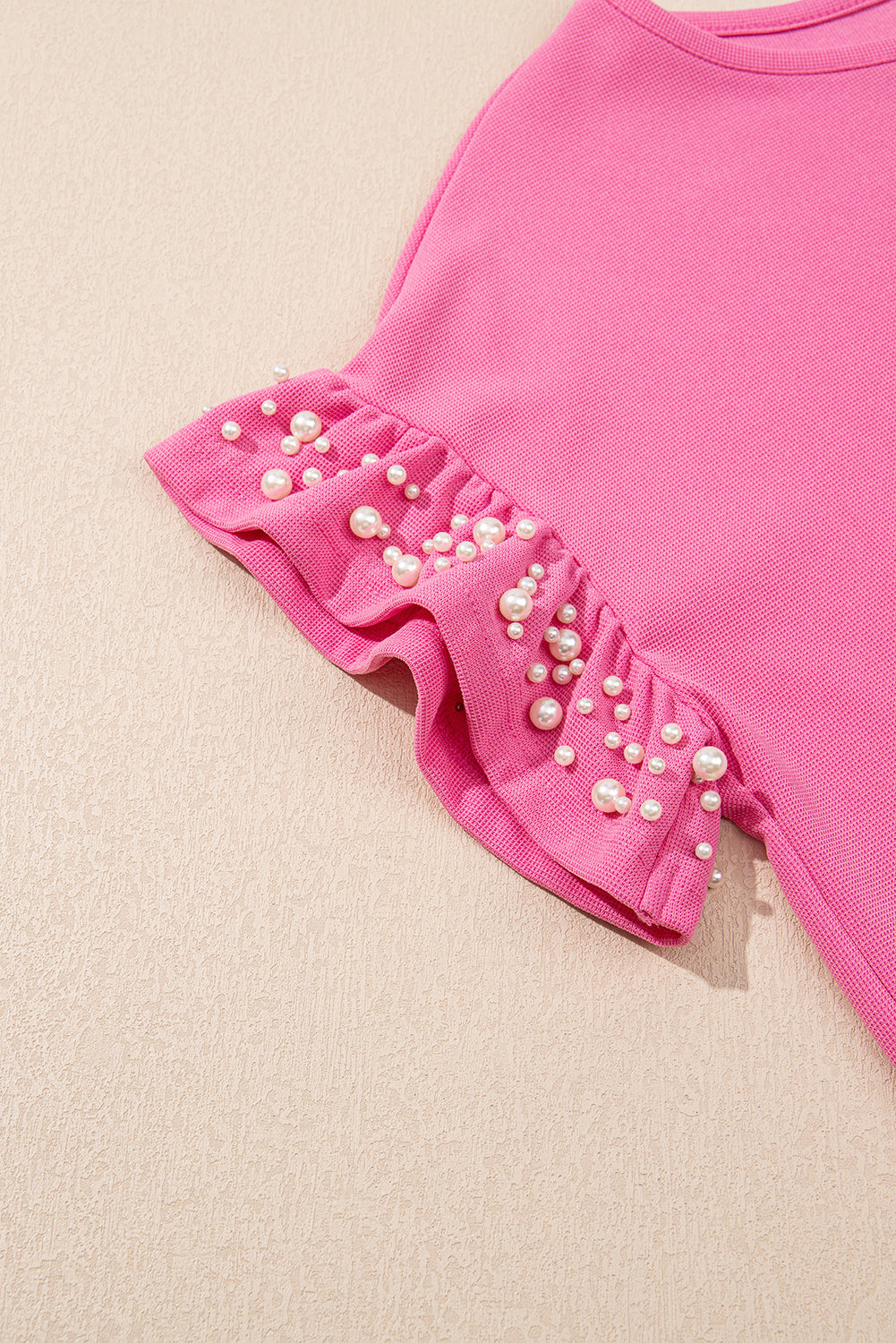 Bright Pink Textured Pearled Ruffle Sleeve Top 2 Piece Shorts Set