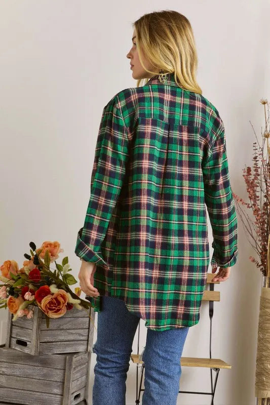 Button Down Classic Plaid Shirt W Roll Up Sleeve Plus Size