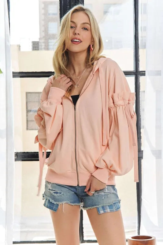 ADORA Ruffled Puff Sleeve Zip Up Hoodie