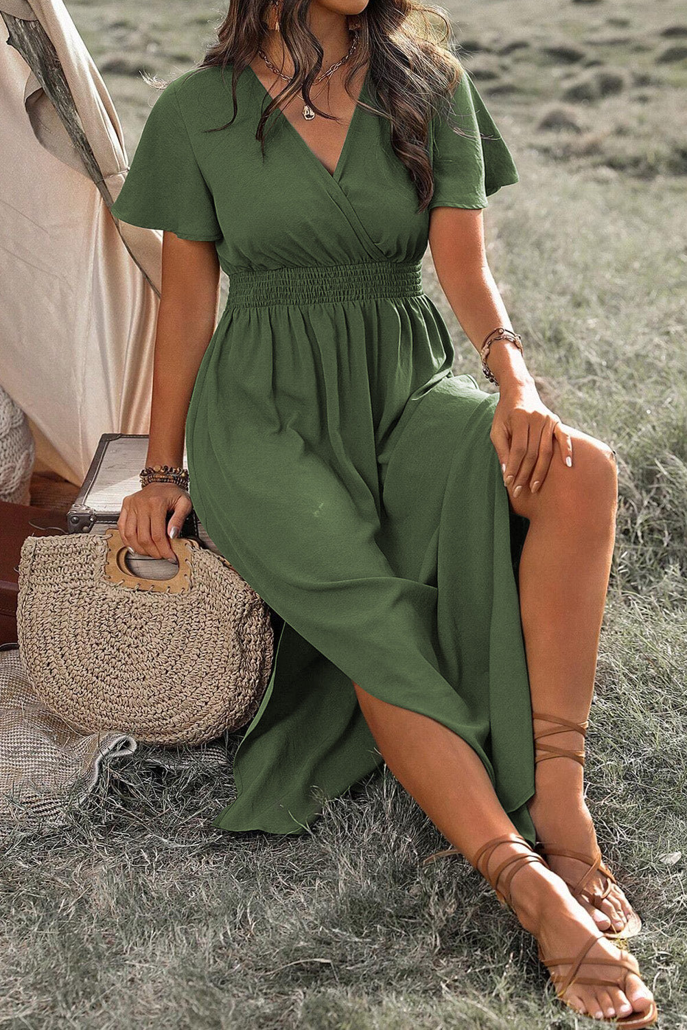 Four Leaf Clover Surplice Neckline Shirred High Waist Maxi Dress