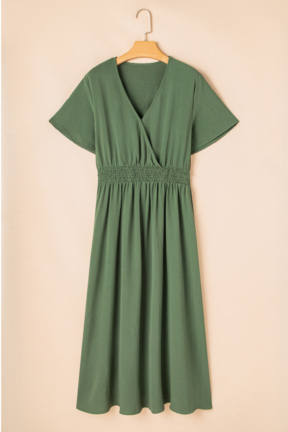 Four Leaf Clover Surplice Neckline Shirred High Waist Maxi Dress