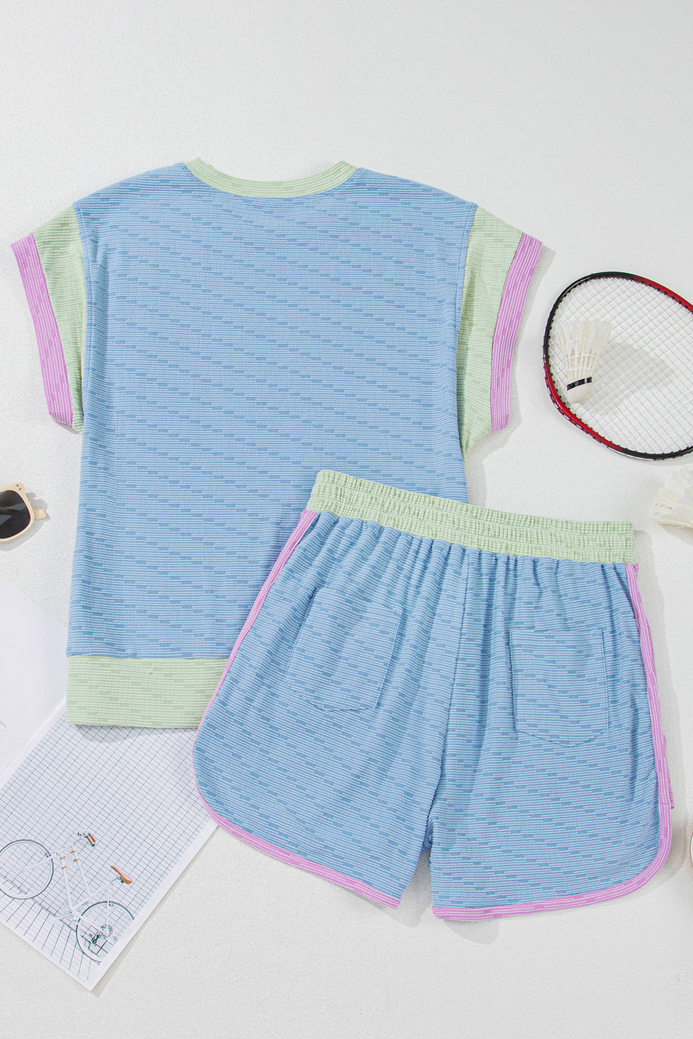 Beau Blue Corded Knit Contrast 2pcs Short Set