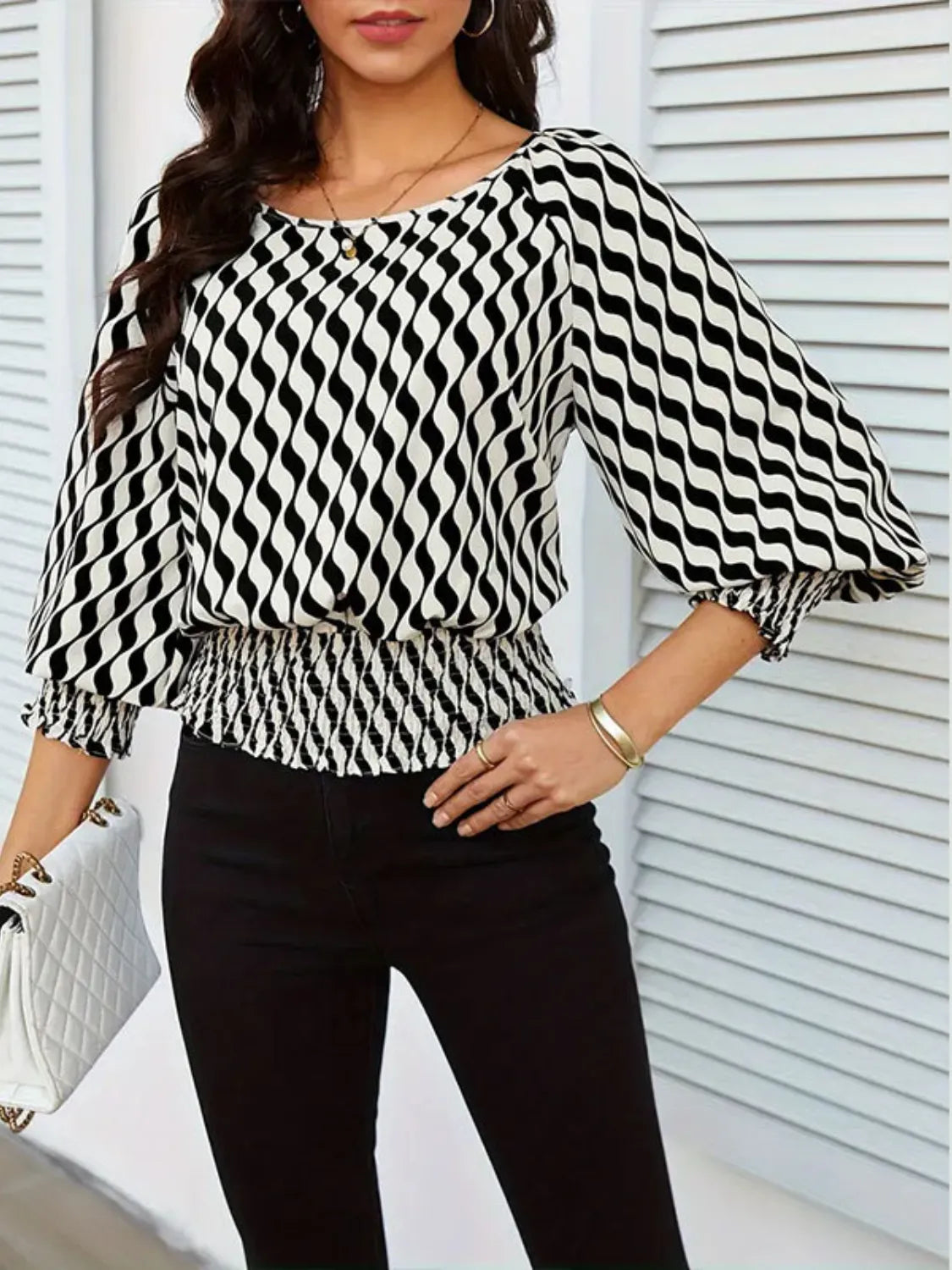 Geometric Print Lantern Sleeve Smocked Waist Blouse