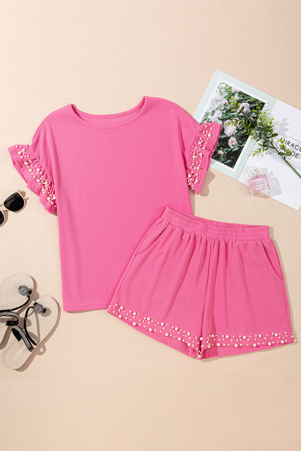 Bright Pink Textured Pearled Ruffle Sleeve Top 2 Piece Shorts Set