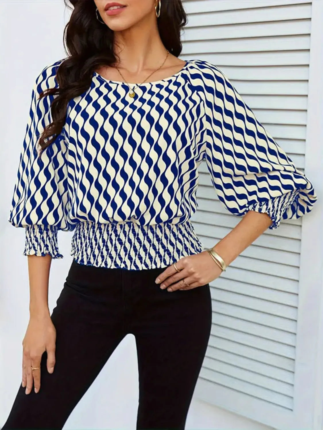 Geometric Print Lantern Sleeve Smocked Waist Blouse