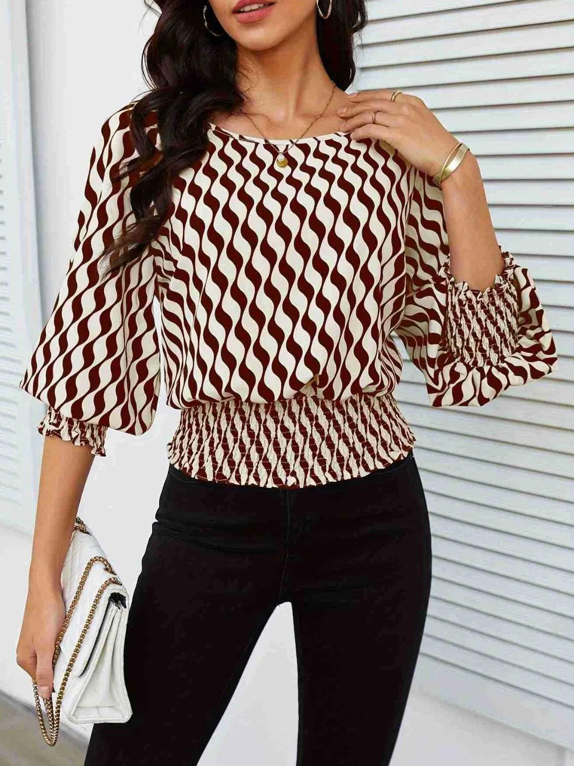 Geometric Print Lantern Sleeve Smocked Waist Blouse