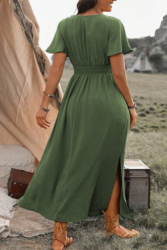 Four Leaf Clover Surplice Neckline Shirred High Waist Maxi Dress