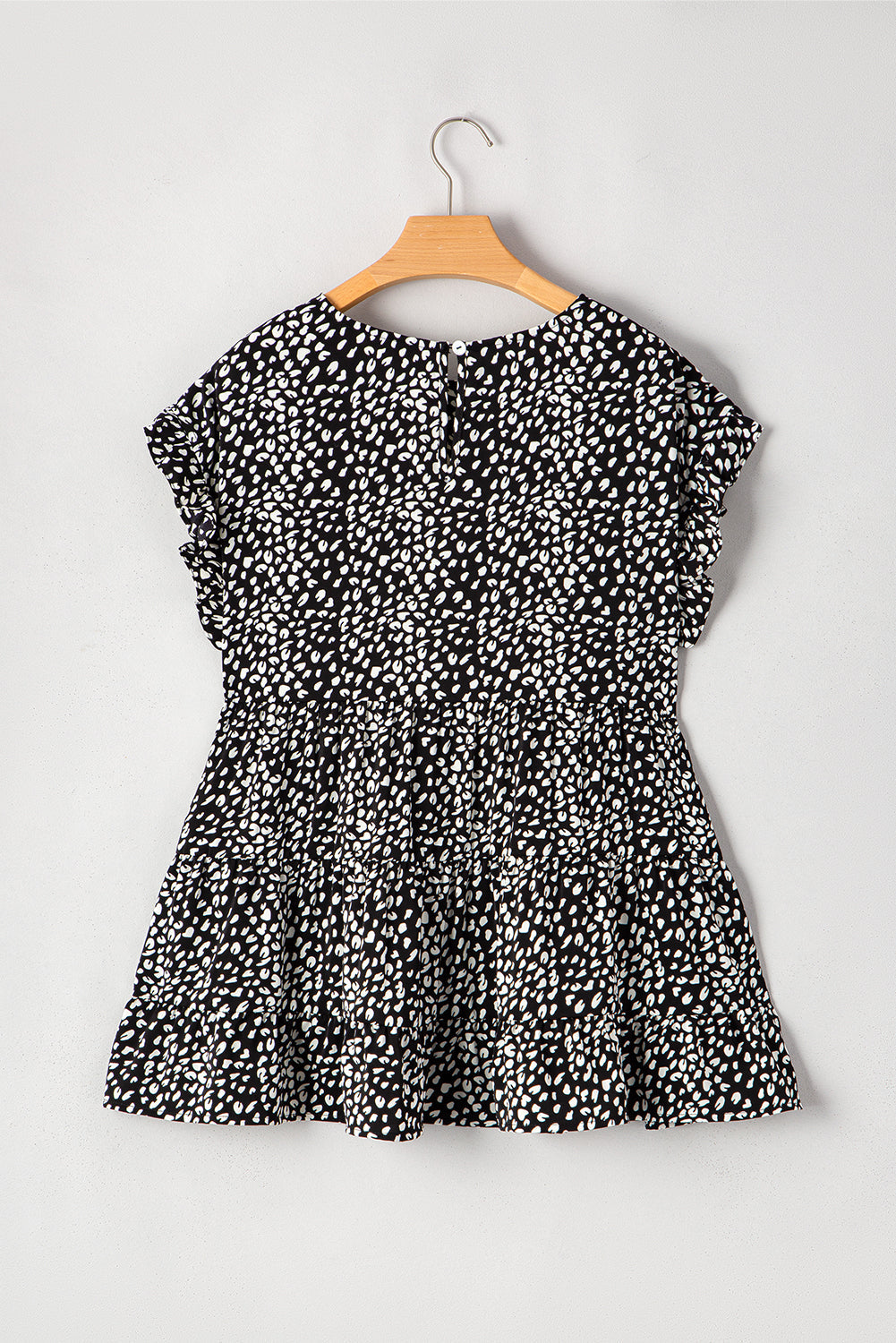 Black Leopard Print Ruffled Short Sleeve Keyhole Back Tiered Flowy Blouse