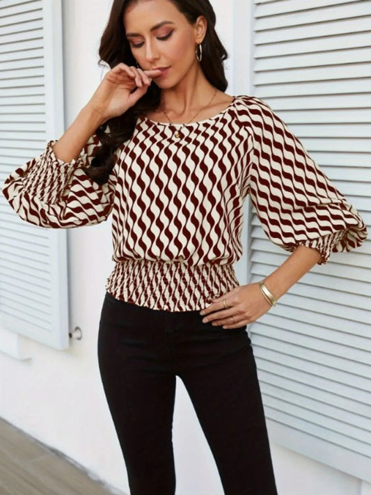 Geometric Print Lantern Sleeve Smocked Waist Blouse