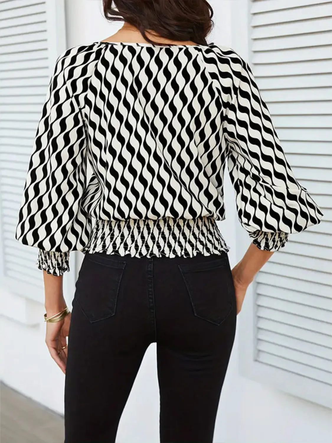 Geometric Print Lantern Sleeve Smocked Waist Blouse