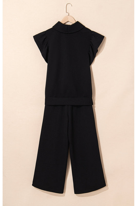 Black Textured Ruffled Sleeve Zipped Pants Set