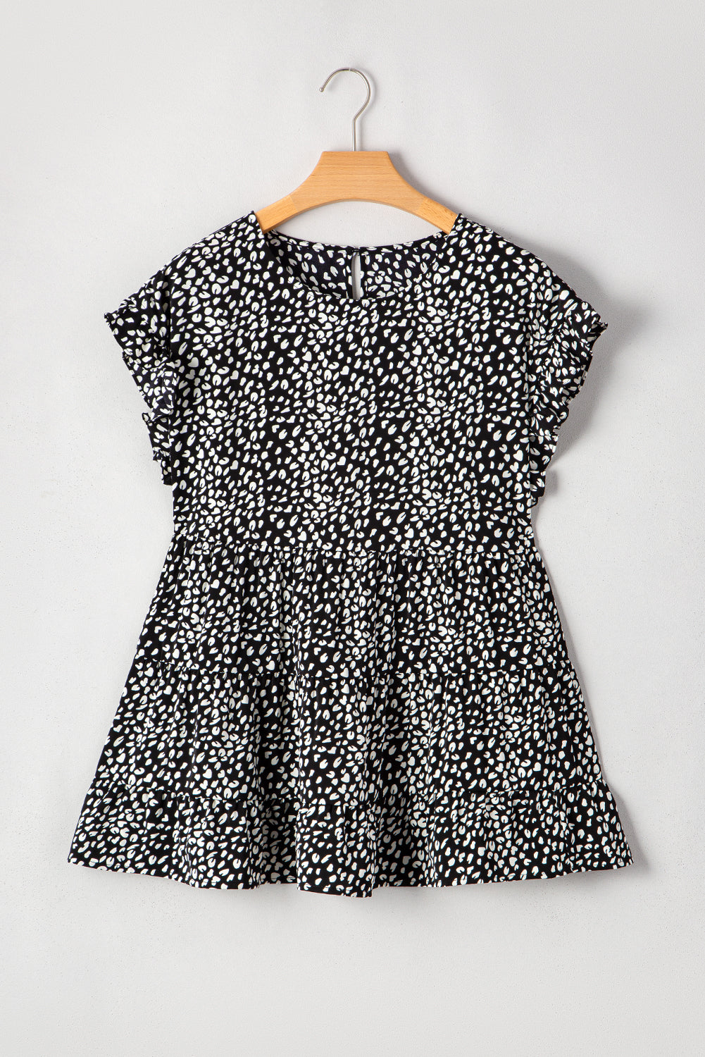 Black Leopard Print Ruffled Short Sleeve Keyhole Back Tiered Flowy Blouse