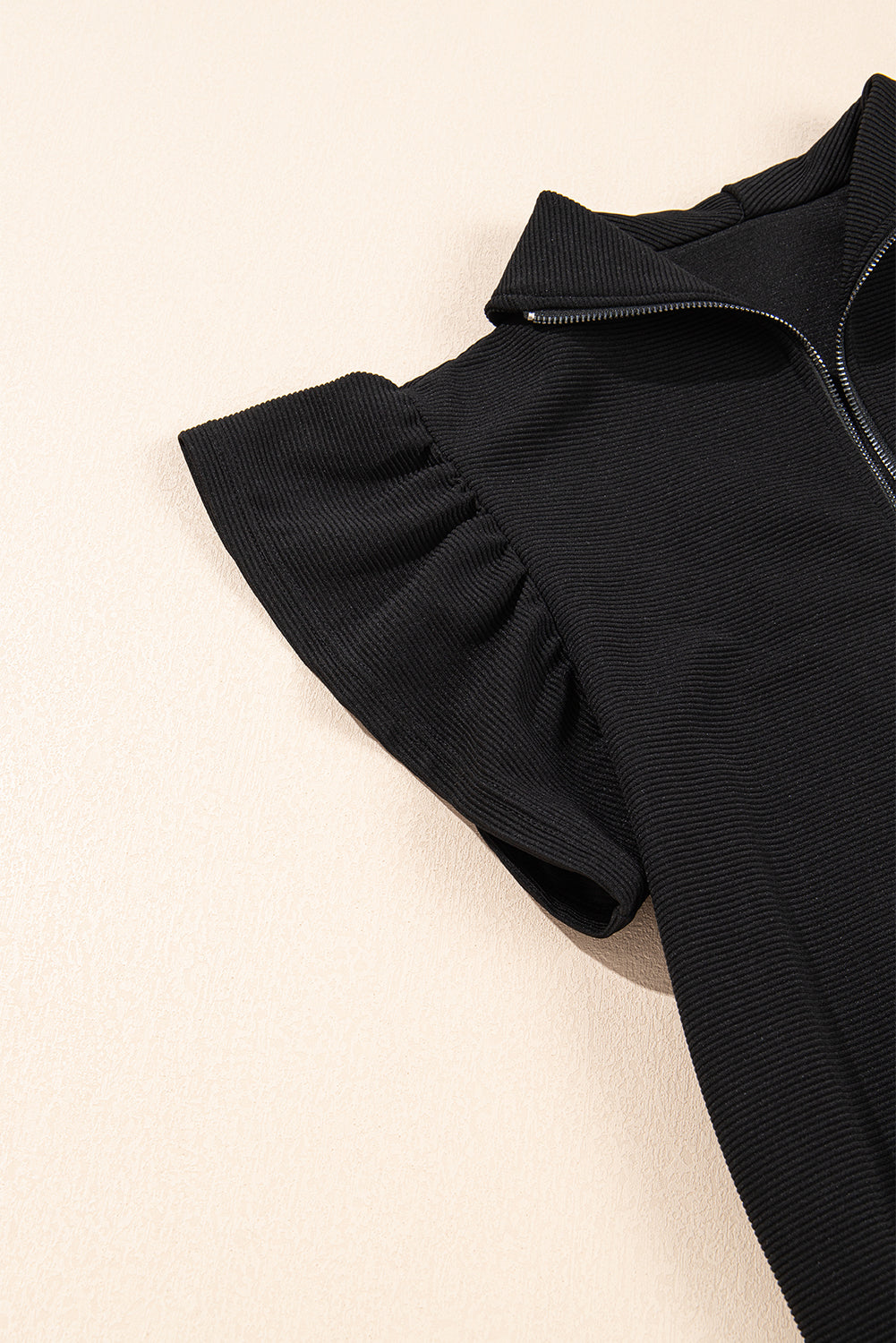 Black Textured Ruffled Sleeve Zipped Pants Set