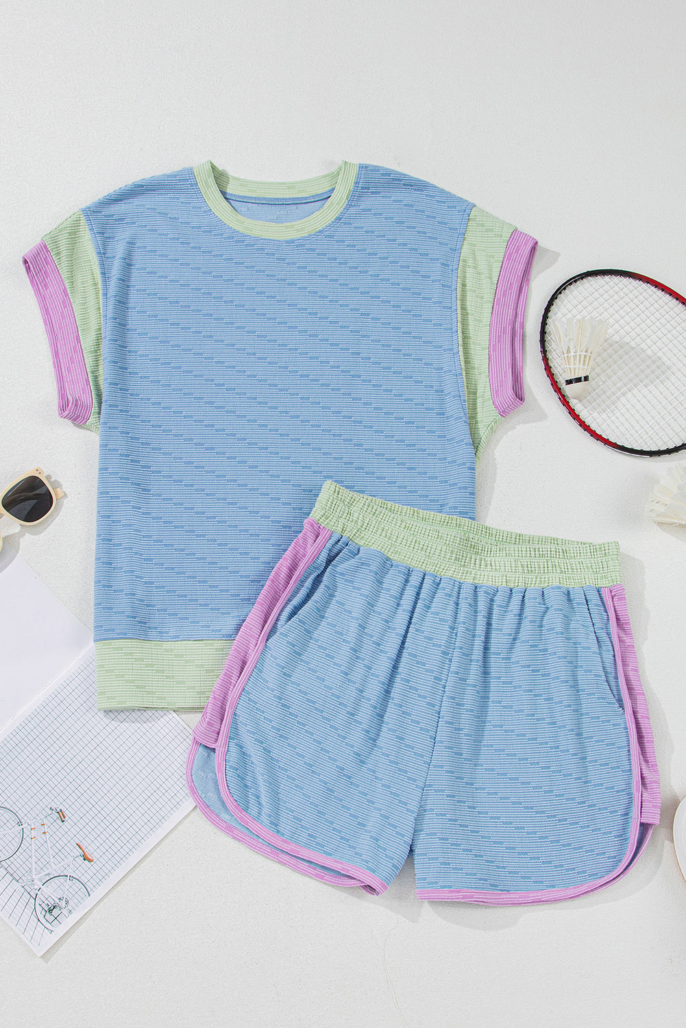 Beau Blue Corded Knit Contrast 2pcs Short Set