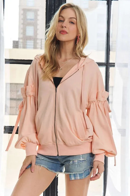 ADORA  Ruffled Puff Sleeve Zip Up Hoodie