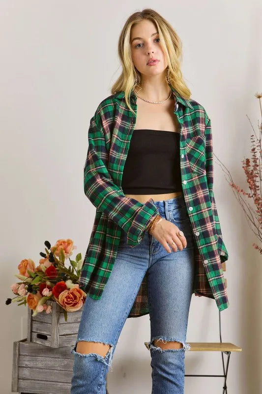 Button Down Classic Plaid Shirt W Roll Up Sleeve Plus Size