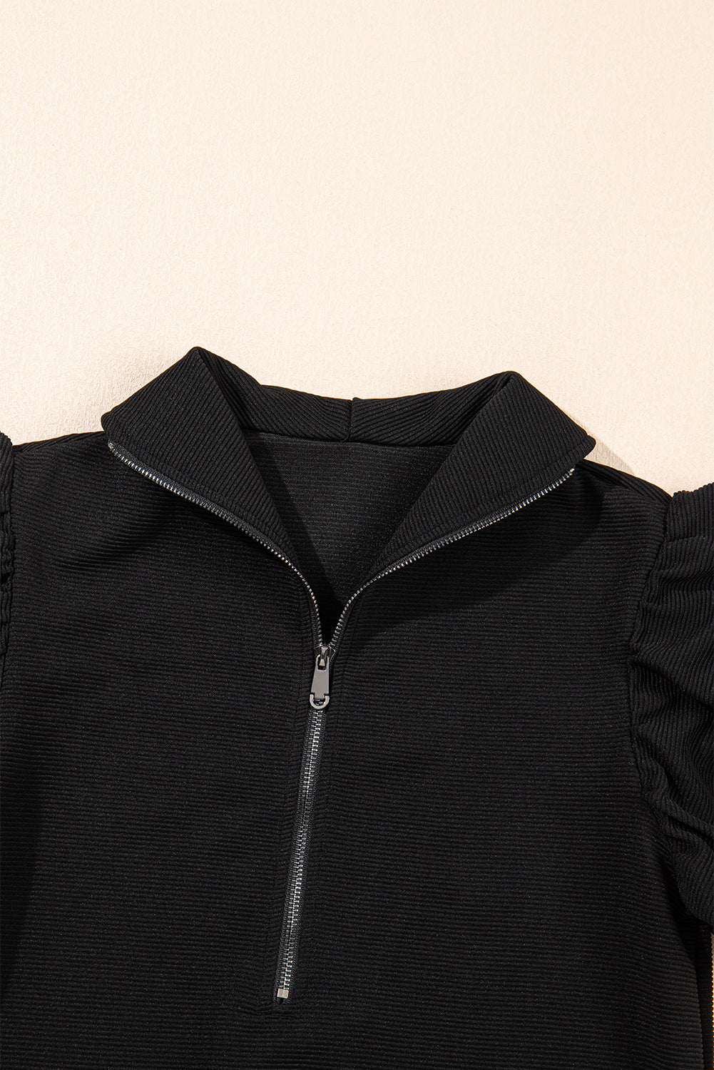 Black Textured Ruffled Sleeve Zipped Pants Set