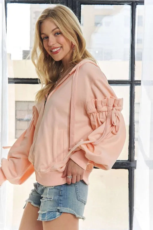 ADORA  Ruffled Puff Sleeve Zip Up Hoodie