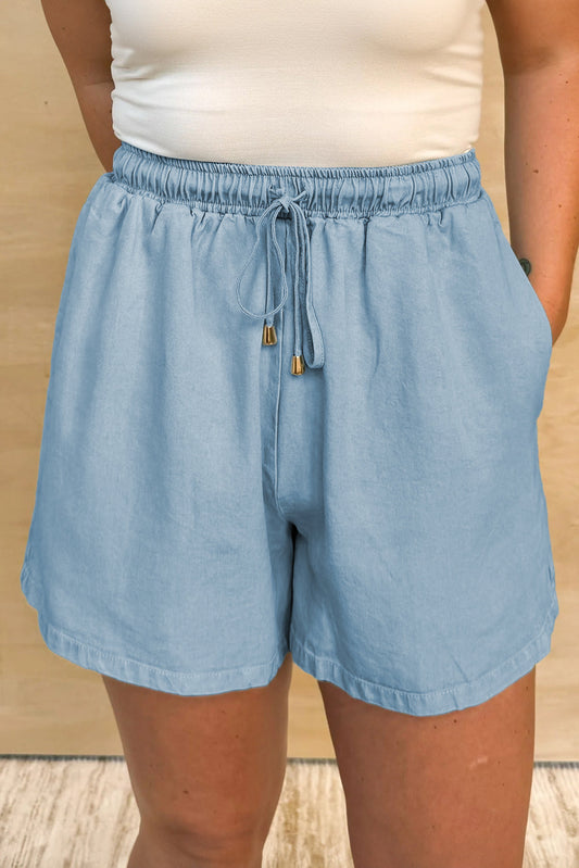 Beau Blue Washed Chambray Drawstring Elastic Waist Shorts