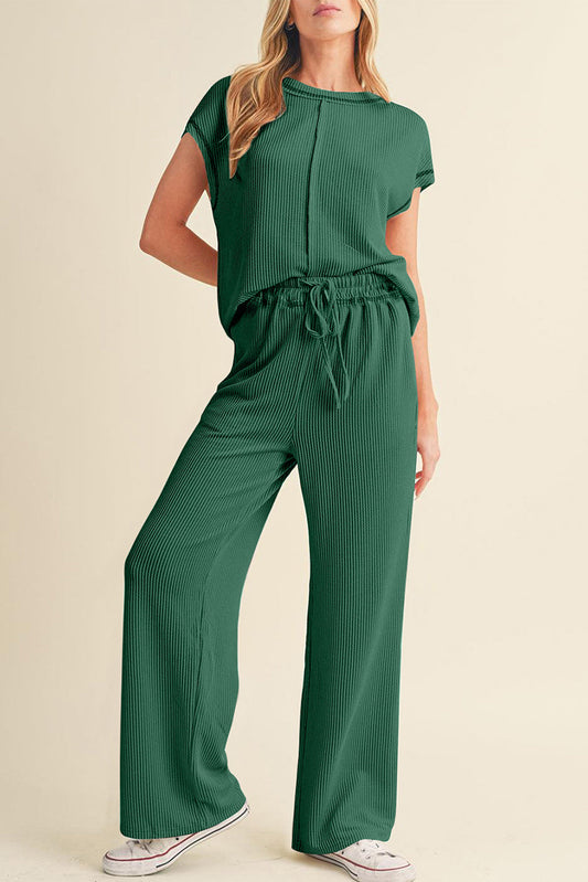 Blackish Green Solid Color Corded Short Sleeve Top and Casual Pants Set