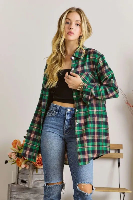 Button Down Classic Plaid Shirt W Roll Up Sleeve Plus Size