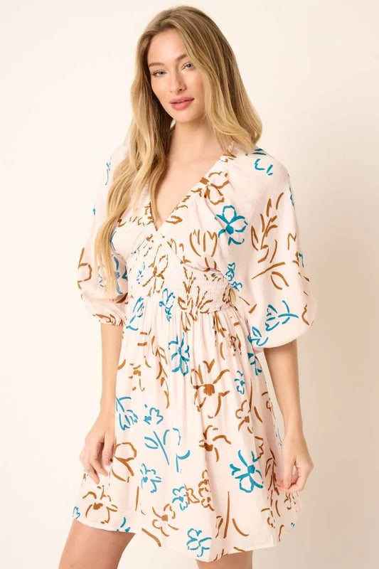 Flower Print Mocked Waist Mini Dress