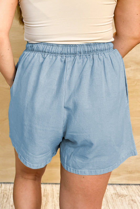Beau Blue Washed Chambray Drawstring Elastic Waist Shorts
