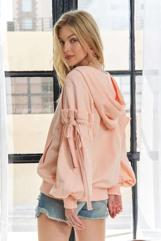 ADORA  Ruffled Puff Sleeve Zip Up Hoodie