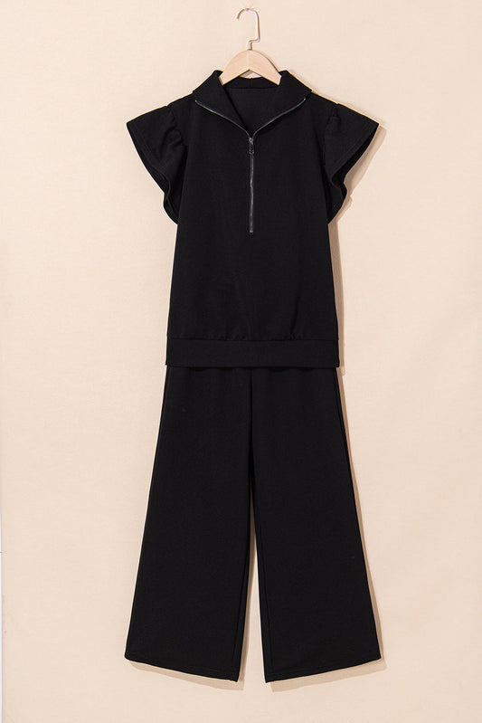 Black Textured Ruffled Sleeve Zipped Pants Set